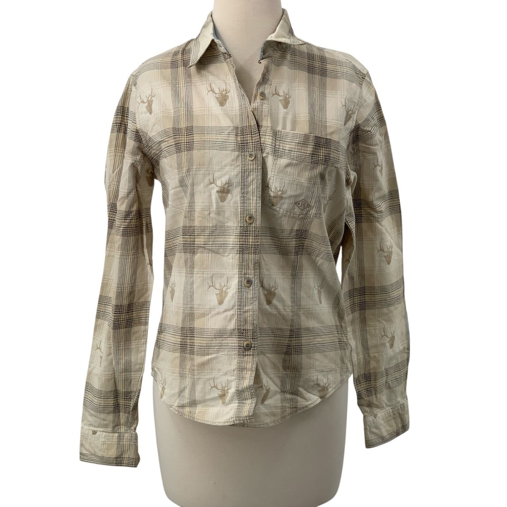 Roper Women's Long Sleeve Button Down Shirt Cream/Beige Plaid Buck Deer Print M